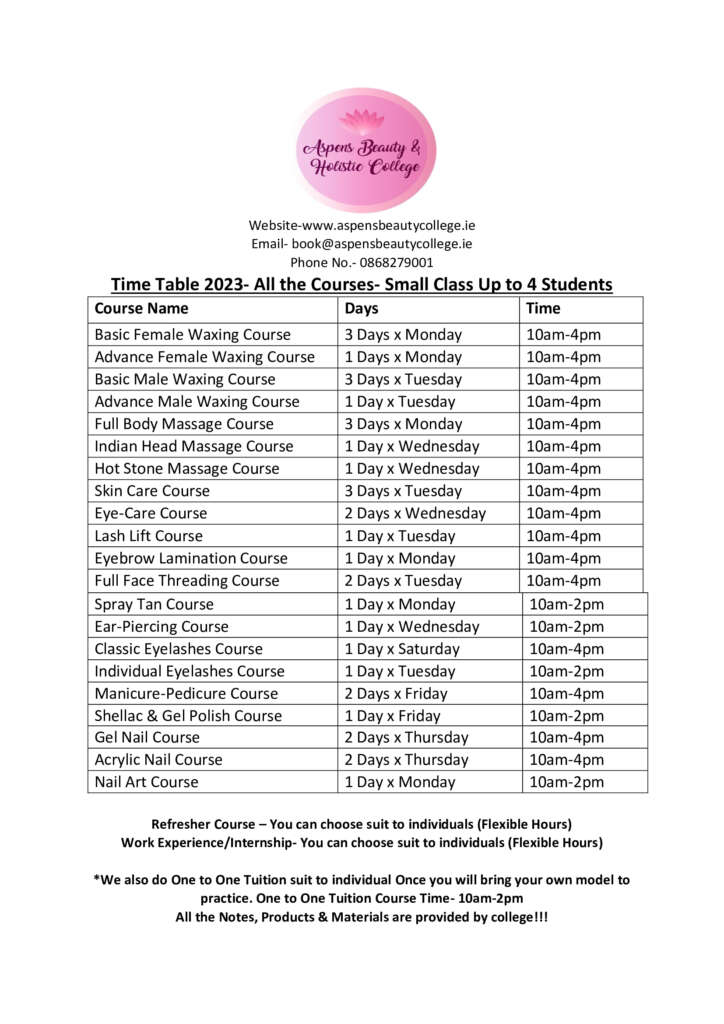 Aspens Beauty and Holistic College 2023 Timetable